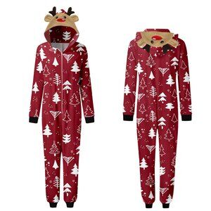 Women Mom Mery Christmas Sets Printed Hooded Zipper Jumpsuit Family Outfit Match